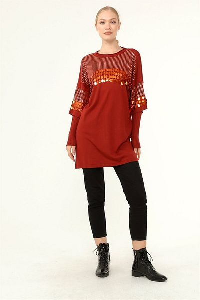 FTZ WOMEN Brick Color Women's Tunic - Front Sequin Detail, Model 21-1073