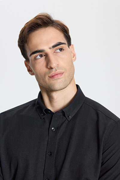 George Henry Βαμβακερό γιακά με κουμπιά Oxford Easy-Iron Ανδρικό μαύρο πουκάμισο με λεπτή εφαρμογή