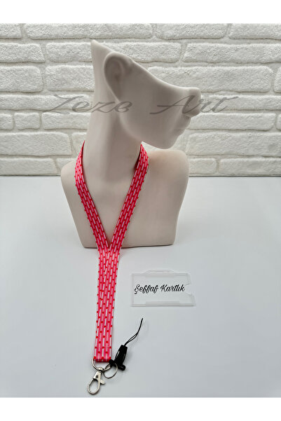 zezedesing Çilek Desenli Pembe Çizgili Boyun İpi ve Telefon Askısı (KARTLIK D...