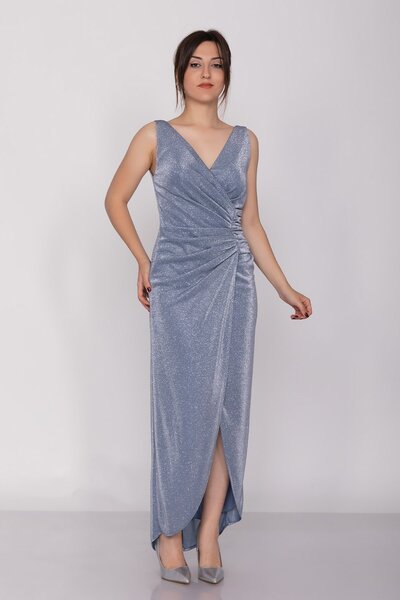 DORİDORCA 3032 Kruvaze Yaka Beli Drapeli Eteği Asimetrik Sim Abiye