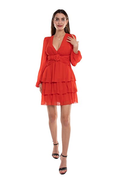 Alinçe 1524 Tulle Sleeve Waist Cross Buckle Short Chiffon Dress