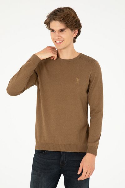 U.S. Polo Assn. Khaki Melange Slim Fit Crew Neck Men's Sweater - 50288888 -Vr125