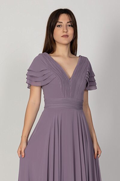 DORİDORCA 3022 Yaka Bel Ince Drape Mendil Kol Şifon Uzun Abiye