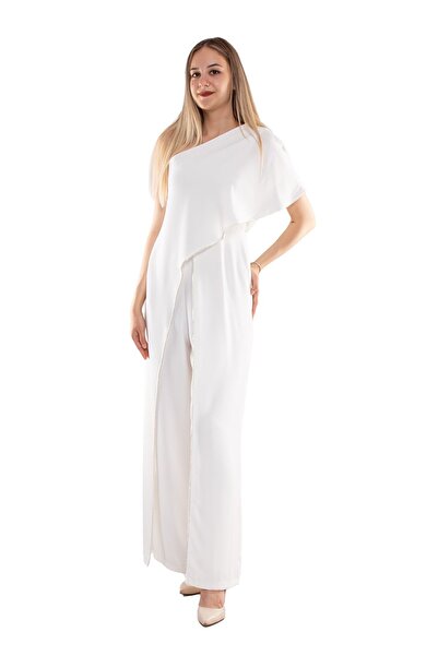 AYHAN 70441 Sıra Taşlı Tek Omuz Şal Detay Krep Abiye Tulum