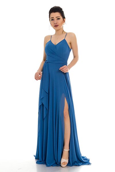 DORİDORCA 2057 KB İnce Askılı Derin Yırtmaçlı Şifon Uzun Elbise