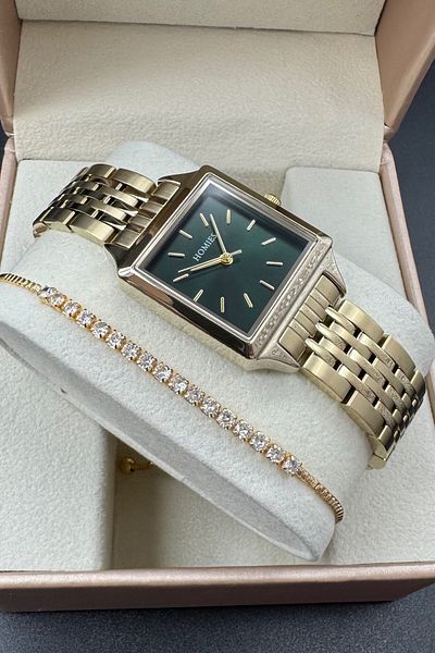 Homies Square Case Model Women's Wristwatch Gold Color Green Dial with Bracelet Gift.
