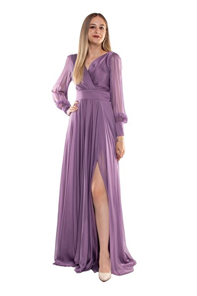 DORİDORCA 2082 Kristal Şifon Kruvaze Yaka Yırtmaçlı Kollu Uzun Abiye