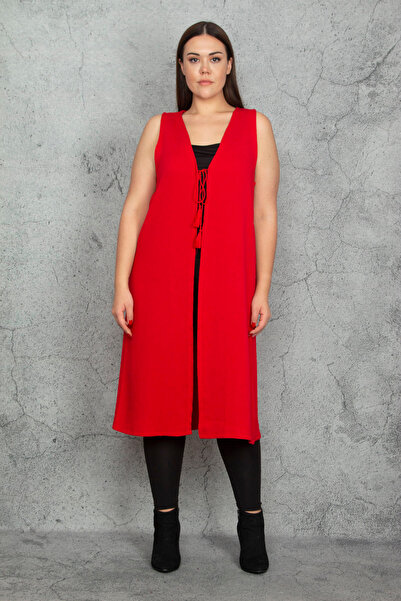 Şans Women's Large Size Red Lacing Detailed Unlined Long Vest 65N38333