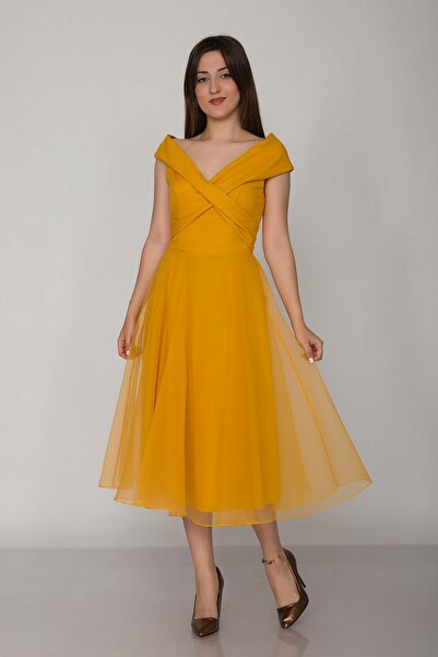 DORİDORCA 2090 Organze Kumaş Çapraz Kruvaze Yaka Kloş Etekli Kısa Elbise