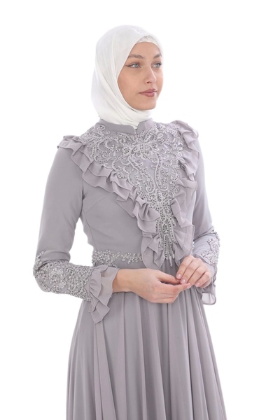 lodmela Fırfır Aplik İşlemeli Tesettür Abiye Elbise 724-Gri
