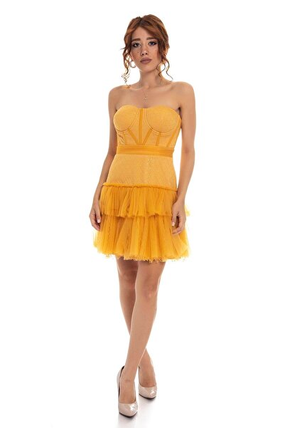 Saygın Giyim 339 KB Straplez Eteği Katkat Simli Mini Elbise