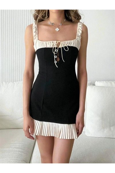 theanemos Chérie Dress - Plise Detaylı Kontrast Mini Elbise