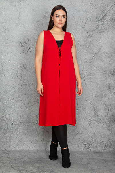 Şans Women's Large Size Red Lacing Detailed Unlined Long Vest 65N38333