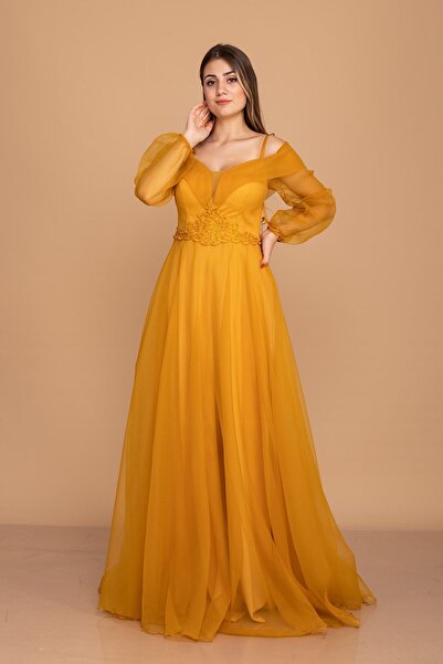 Saygın Giyim 373 Madonna Yaka Beli Güpür Kemerli Tül Organze Uzun Nişanlık