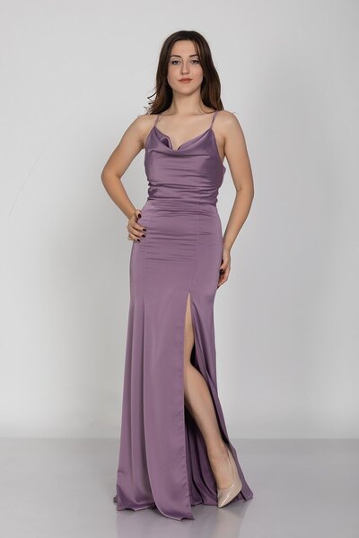 DORİDORCA 2125 Şalyaka Ipli Yırtmaç Ve Kuyruklu Ipek Saten Uzun Abiye