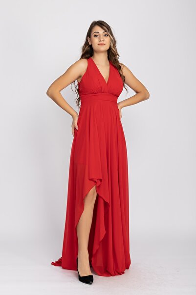 DORİDORCA 2013 KB Kruvaze Yaka Sırtı Çapraz Tül Uzun Şifon Elbise