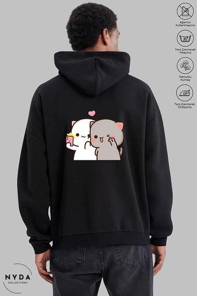 Nyda Collections Hanorac supradimensionat din bumbac unisex - Hanorac cu mânecă lungă, cu glugă, cu imprimeu selfie