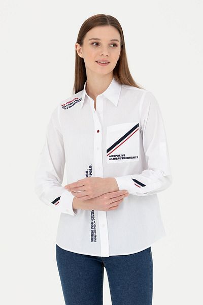 U.S. Polo Assn. Cămașă albă cu mânecă lungă pentru femei - ELİFSU BUTİKHOME