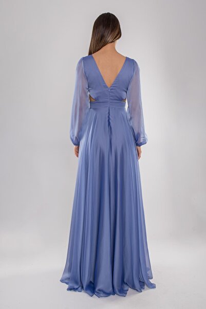 DORİDORCA 5078 Bel Dekolte Uzun Kol Kristal Şifon Uzun Elbise