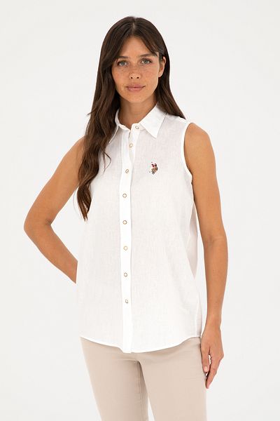 U.S. Polo Assn. Cămașă de damă cu aspect de in alb - mânecă scurtă, 50288909-vr013