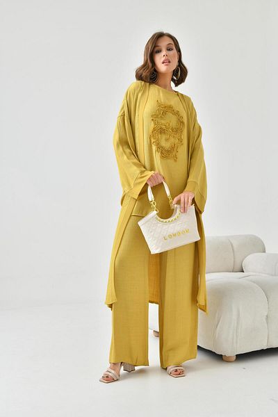 FTZ WOMEN Women's Embroidered 3-Piece Linen Set Mustard 30760