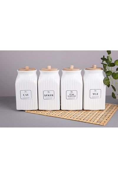 Kitchen Pembelia 4-Piece Bamboo 750 ml Turkish Coffee Candy and Salt Storage Set with Lid - Porcelain Jar