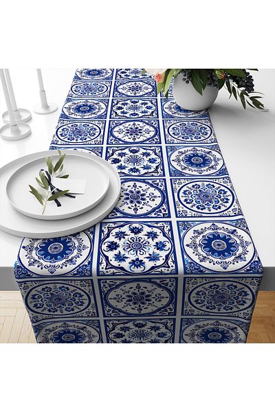 3D ELSE HALI Blue White Chinese Patterned Digital Printed Stain Resistant Carefree Decorative Runner 40x140cm