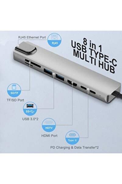 MAXGO 3008 Usb Type-c Hub Dönüştürücü Çevirici Çoklayıcı Usb Hdmı Micro Sd 8 Girişli