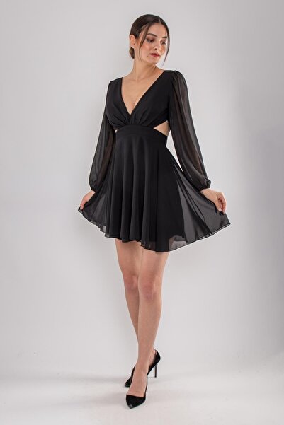 DORİDORCA 5065 Derin V Yaka Uzun Kol Yanları Dekolte Şifon Kısa Elbise