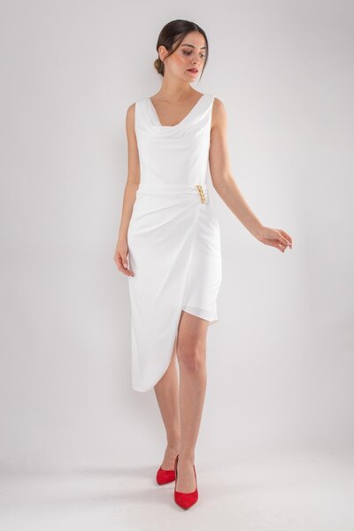 DORİDORCA 5015 Yanı Taşlı Degaje Yaka Kısa Elbise