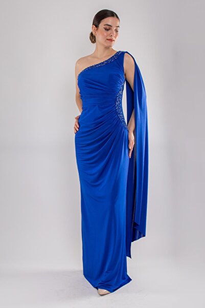 Saygın Giyim 505 Tek Omuz Beli Drape Kristal Buzi Uzun Elbise