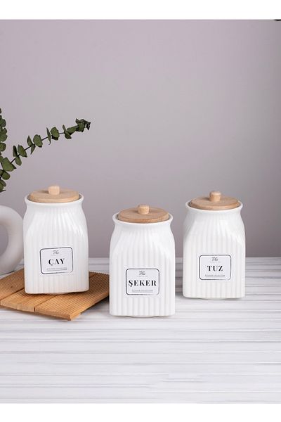 Kitchen Pembelia 3-Piece Porcelain with Bamboo Lid 750 ml Tea Candy Salt Storage Jar Set Jar Set