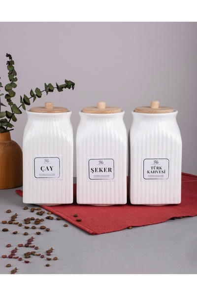 Pembelia Life 3’lü Bambu Kapaklı 1000 ml Porselen Çay Şeker Türk Kahve Saklam...