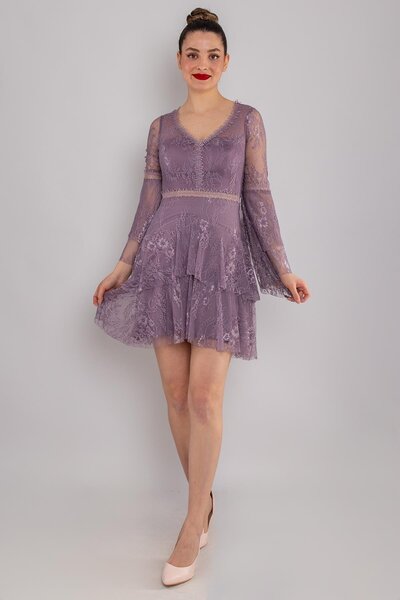 Saygın 331 Kolları Valonlu Eteği Katlı Kısa Dantel Elbise