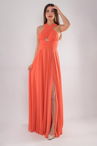 DORİDORCA 5070 Çapraz Kalın Askı Şifon Uzun Kloş Elbise