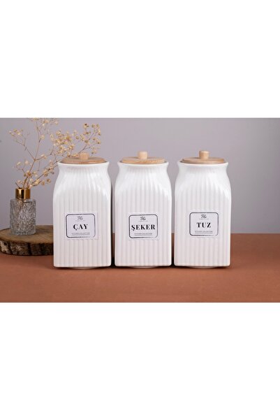 Pembelia Life 3’lü 750 ml Bambu Vakum Kapaklı Porselen Çay Şeker Tuz Saklama ...