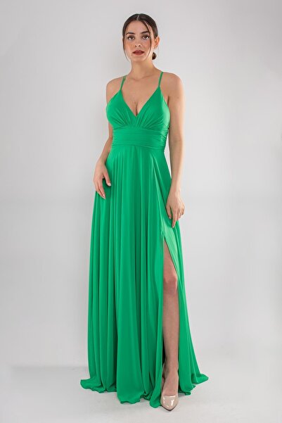 DORİDORCA 5046 Arkası Çapraz İpli Şifon Kloş Uzun Elbise