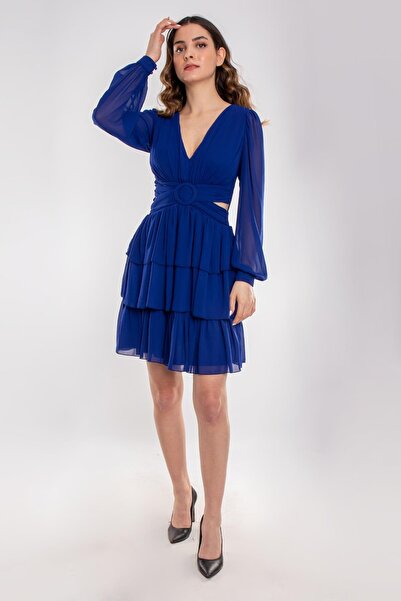 Dans 1298 Beli Çapraz Tokalı Sırtı İpli Uzun Kollu Kısa Şifon Elbise