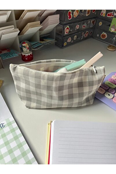 sumicorn Açık Gri Pötikareli Yıkanabilir Fermuarlı Tek Gözlü Bez Kalemlik Kal...