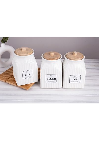 Kitchen Pembelia 3-Piece Porcelain with Bamboo Lid 750 ml Tea Candy Salt Storage Jar Set Jar Set