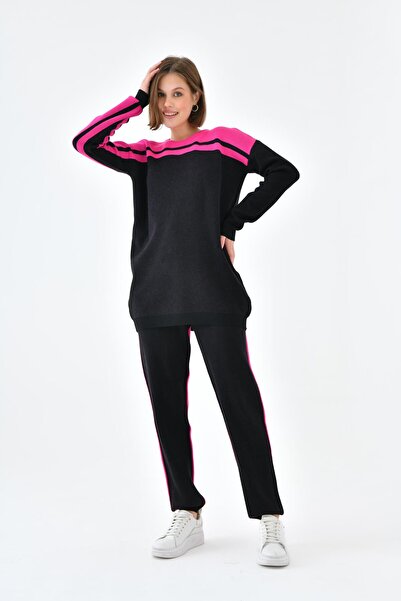 FTZ WOMEN Ftz Women's Striped Double Suit Black Fuchsia 20658