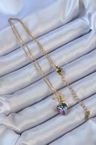 Mu Art Ahşap 316l steel chain gold color purple blue color zircon stone heart detail fairy necklace
