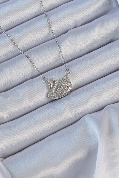 PARILTIATÖLYESİ 316L Çelik Zincir Gümüş Renk Zirkon Taşlı Kuğu Kolye