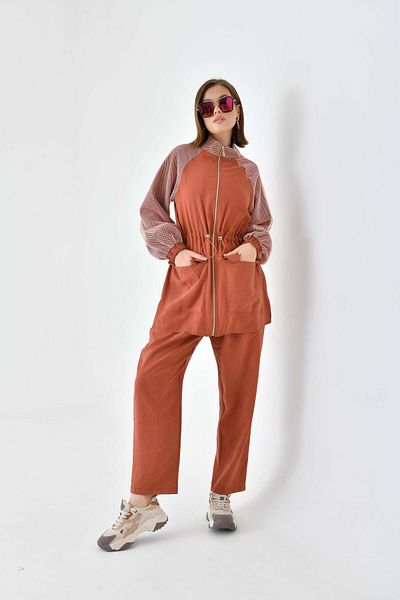 FTZ WOMEN Brick Color Women's Set - Mesh Detailed 30709