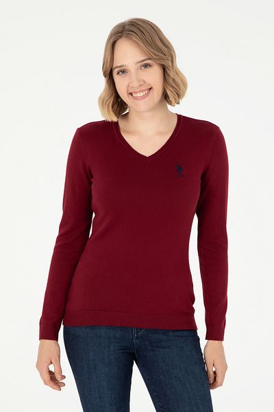 U.S. Polo Assn. Women's Burgundy V-Neck Basic Sweater 50288997 -Vr014