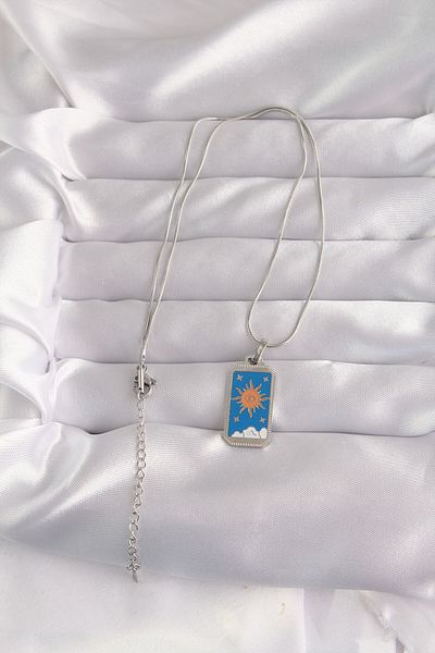 Mu Art Ahşap 316L Steel Silver Color Blue Enamel Sun Model Tarot Necklace