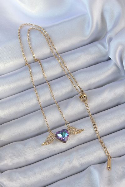 Mu Art Ahşap 316L Steel Chain Gold Color Blue Purple Zircon Stone Winged Heart Necklace