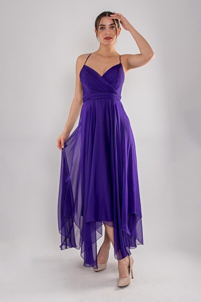 DORİDORCA 4059 Sırt İp Askı Kristal Şifon Midiboy Elbise