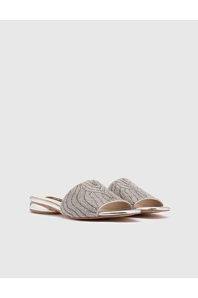 İLVİ Women's Silver Colored Genuine Leather Boday Stone Heeled Slippers