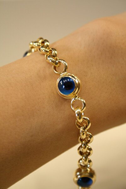 Yenigün Kuyumculuk 14 Ayar Altın Üç Nazar Boncuklu Kalın Zincirli Bileklik